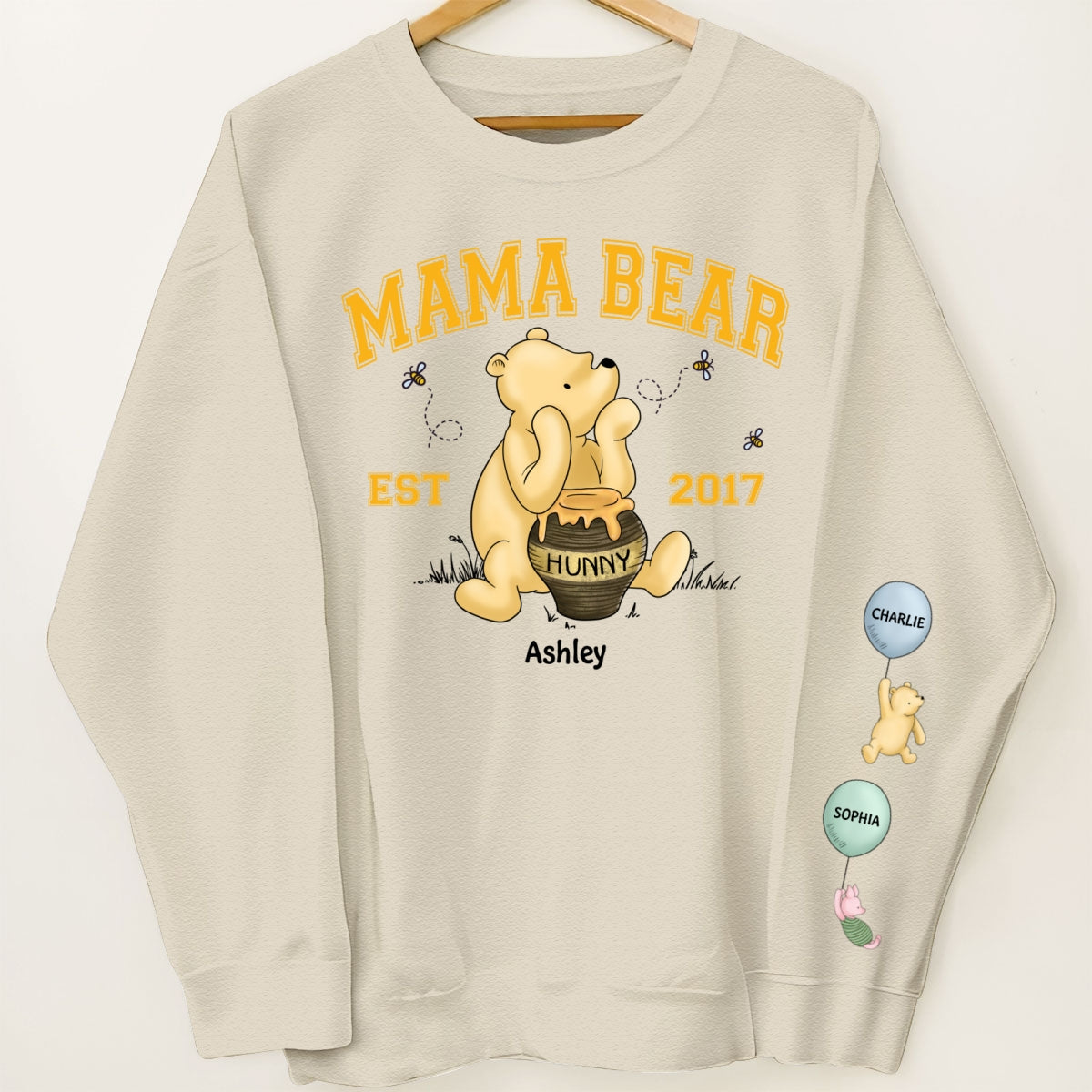 Mama Bear Est. Cute Characters With Balloon Personalized Sleeve Printed Sweatshirt