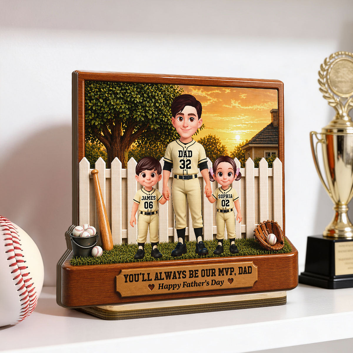 Baseball Dad And Kids Backyard We Caught The Best Dad - Personalized 2-Layered Wooden Plaque - Gift For Dad