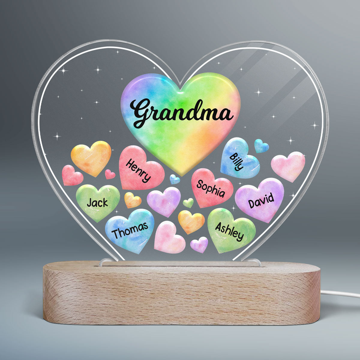 Grandma Mom Hearts In Heart Personalized Acrylic Heart LED Night Light, Gift For Birthday, Anniversary