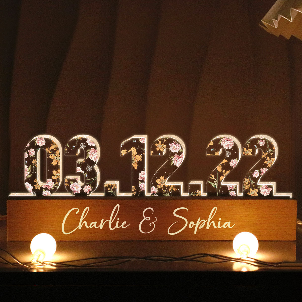 Couple Engagement Wedding Anniversary Special Date Custom Flower Printed LED Night Light, Unique Valentine's Day Gift For Him, Gift For Her