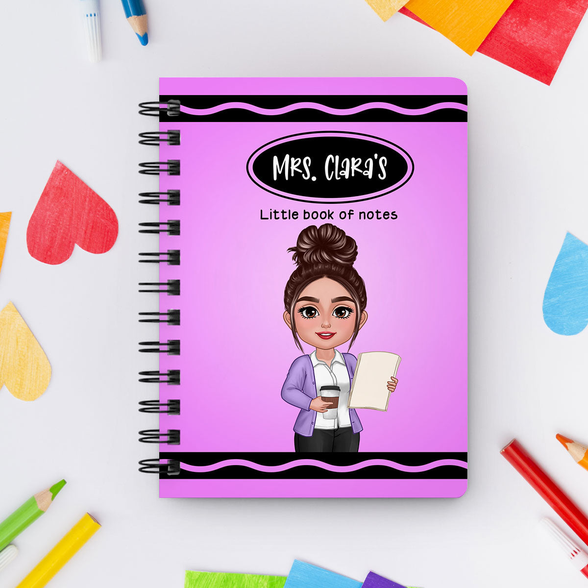 Crayon Themed Teacher Name Personalized Spiral Notebook Journal, Back To School Stationery