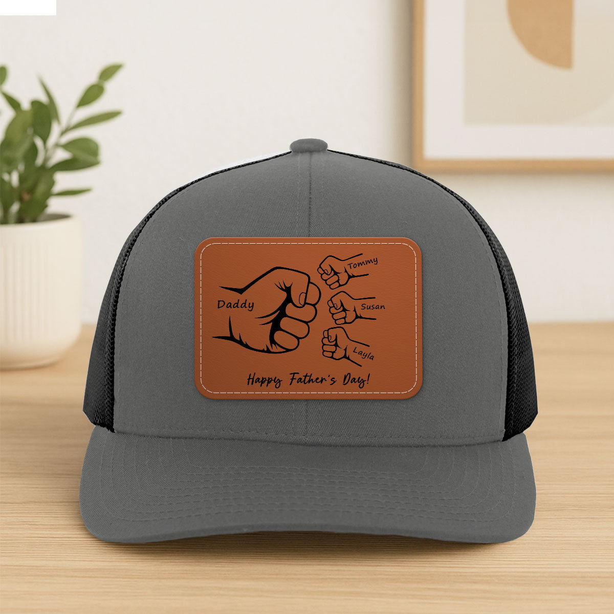Daddy Grandpa Fist Bump Outline Personalized Leather Patch Hat, Father's Day gift