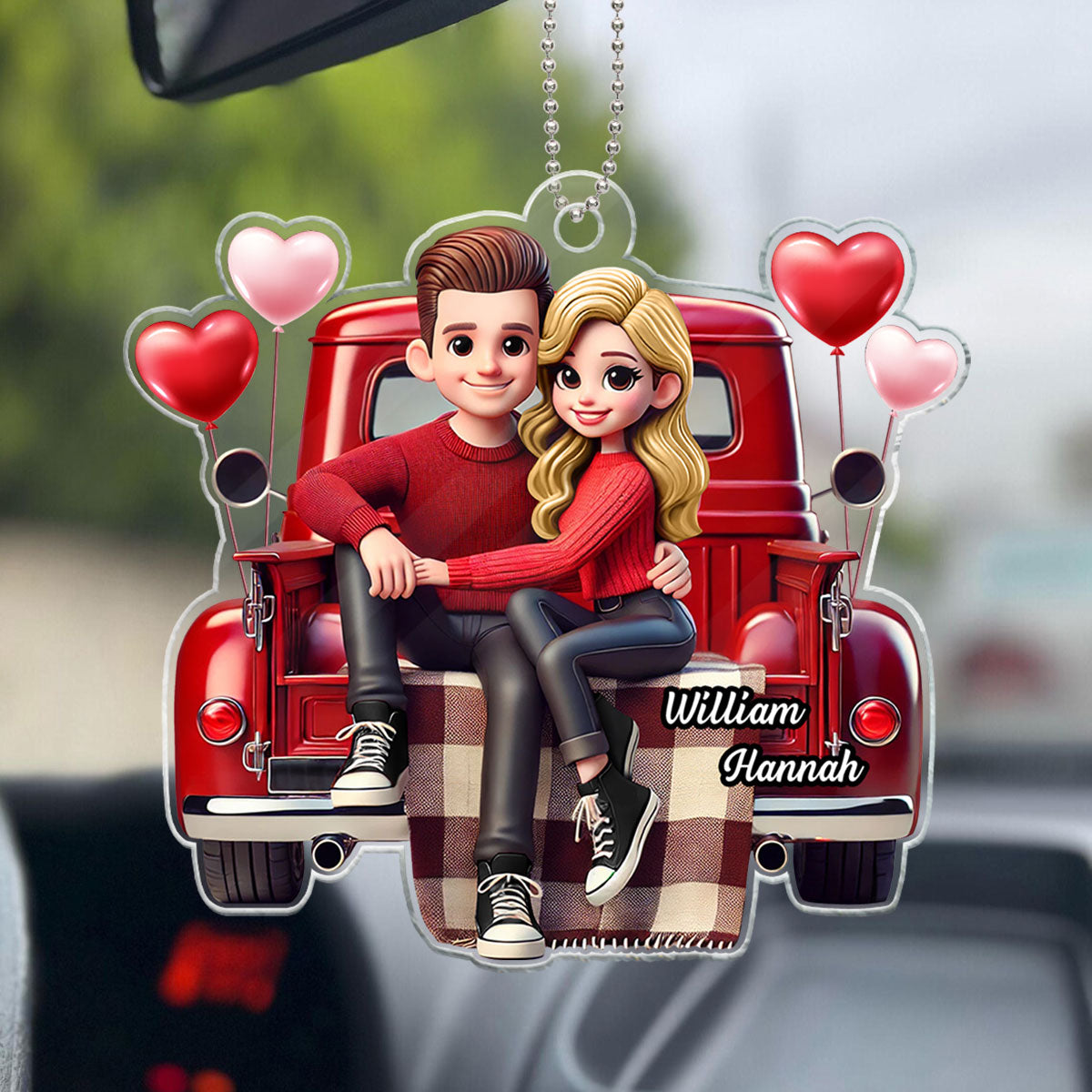 3D Effect Couple Sitting On Red Truck Personalized Acrylic Car Hanger, Gift, Anniversary Gift For Couples
