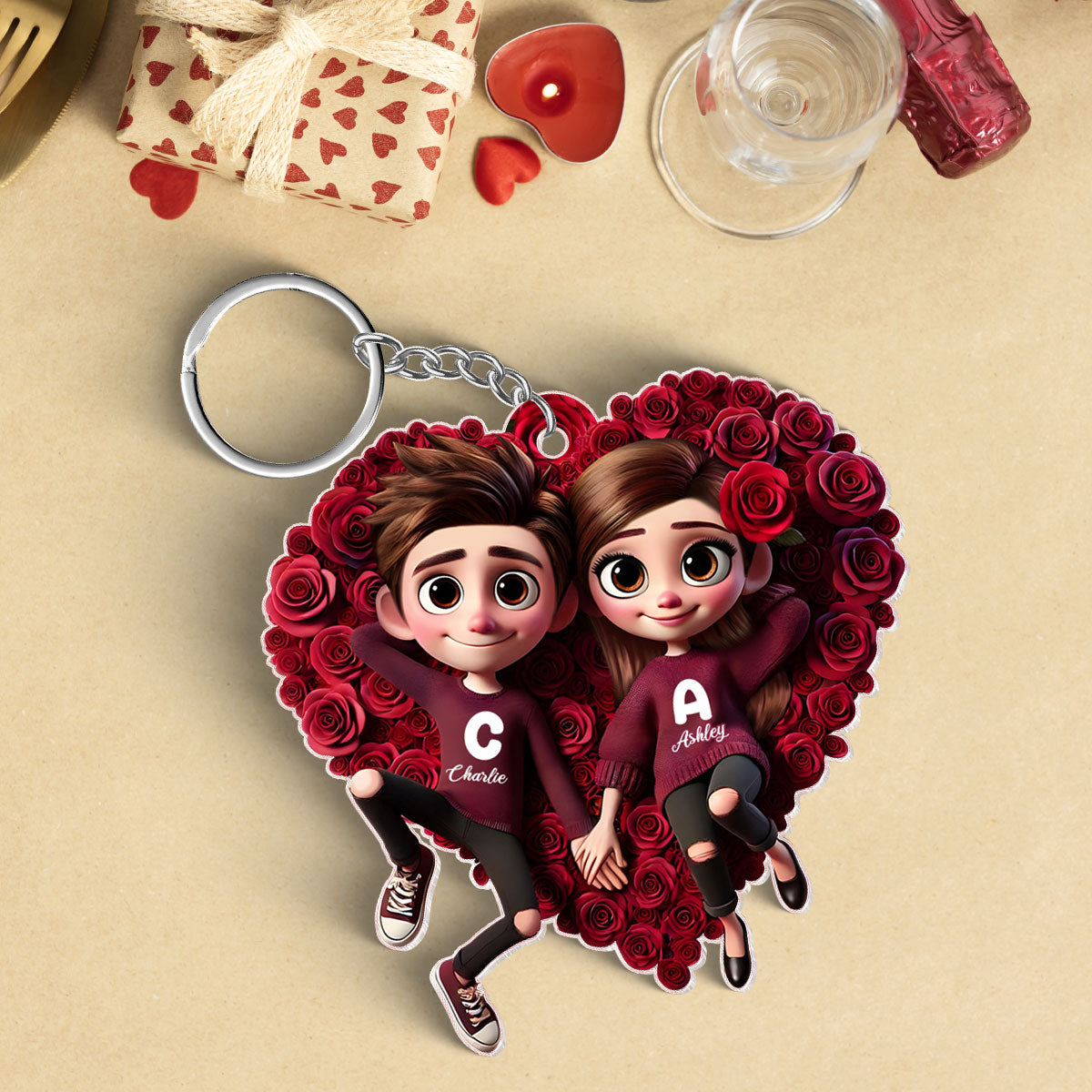 Rose Heart Couple Personalized Acrylic Keychain, Gift for her, Gift for him