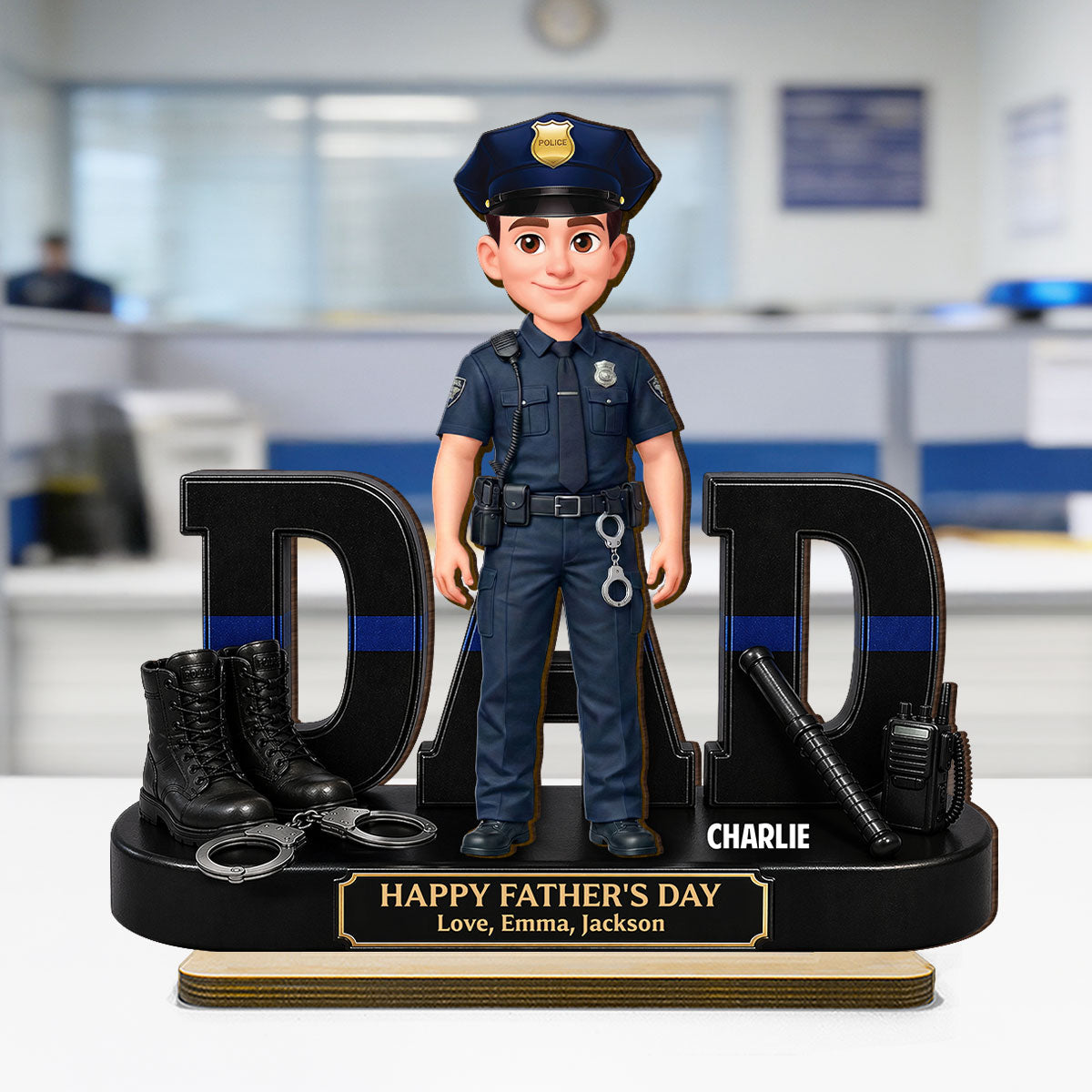 Proud American Police Officer Dad - Personalized 2-Layered Wooden Plaque - Gift For Dad