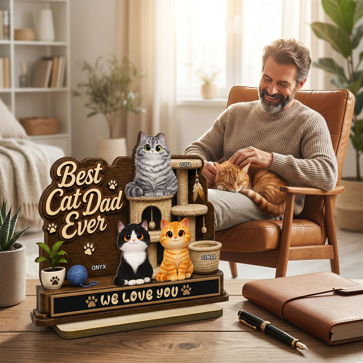 Best Cat Dad Ever Cute Cats On Cat Tree 2D Flat - Personalized 2-Layered Wooden Plaque - Gift For Cat Dad