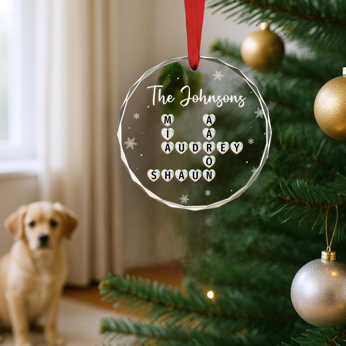 Unique Family Decor Beautiful Heart Crossword Puzzle Art Personalized Glass Ornament, Christmas Keepsake