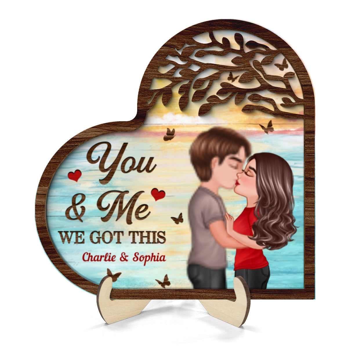 Couple Kissing Under Tree Heart Shaped Gift For Him For Her Personalized 2-Layer Wooden Plaque