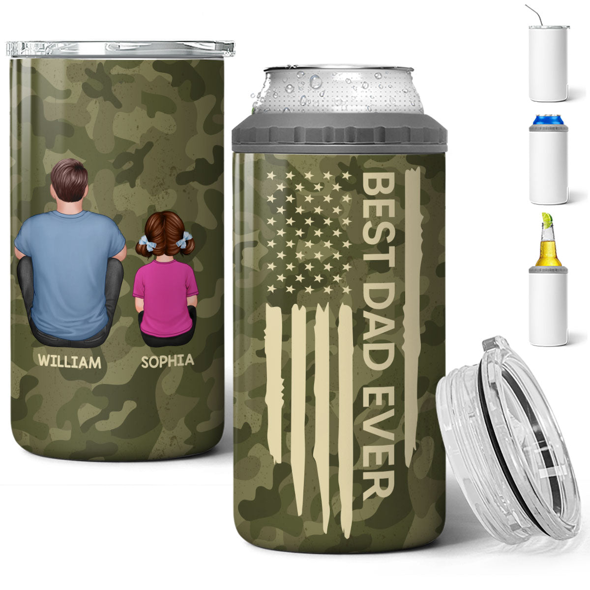 Best Dad Papa Grandpa Ever Nation Flag Back View Man & Kids Patriotic Gift For Husband Father Figures Personalized 4 In 1 Can Cooler
