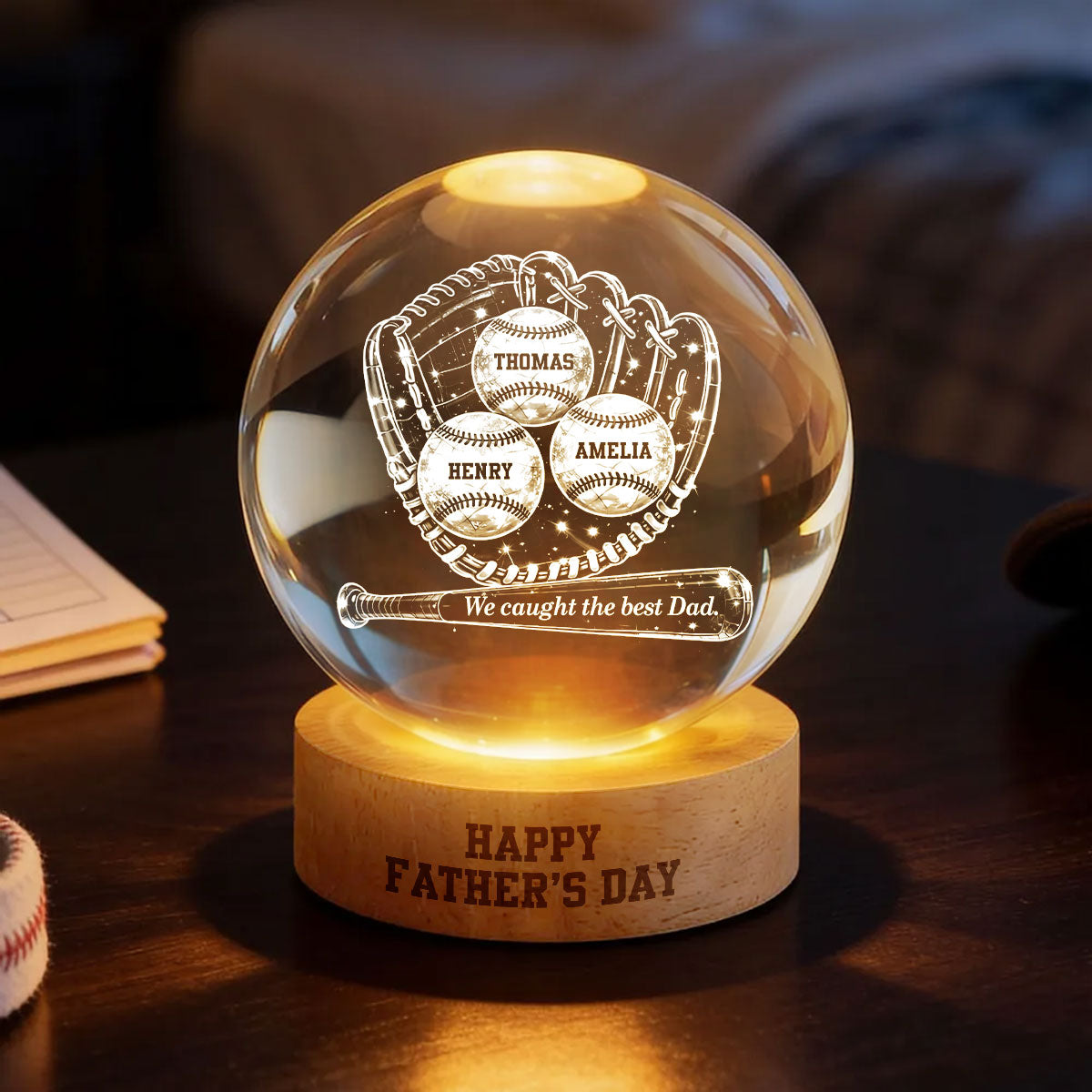 Happy Baseball Dad - Personalized Crystal Ball LED Night Light - Gift for Dad, Husband