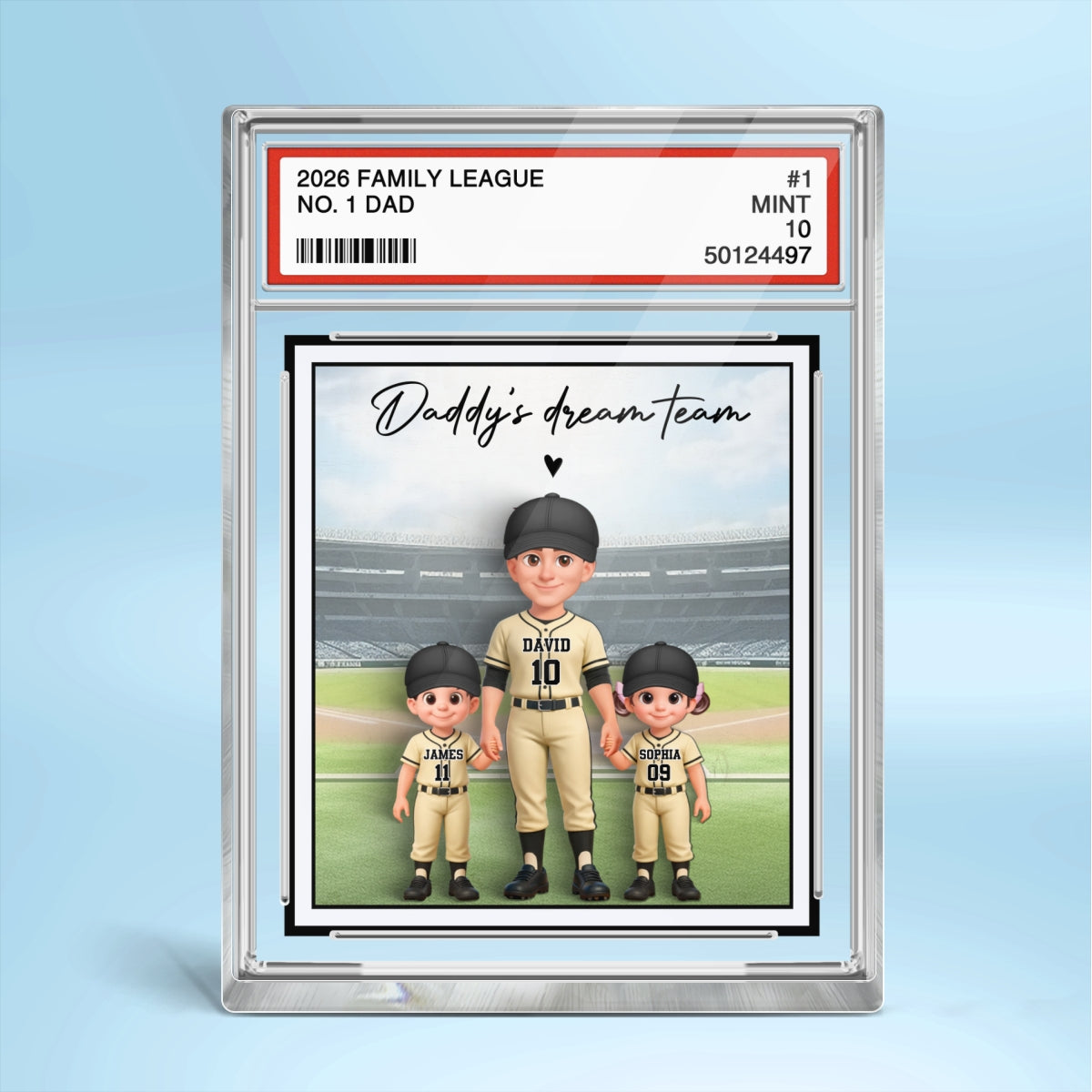 Baseball No. 1 Dad Man & Kids Standing On Court Trading Card Style - Personalized Acrylic Block Plaque - Gift For Baseball Dad