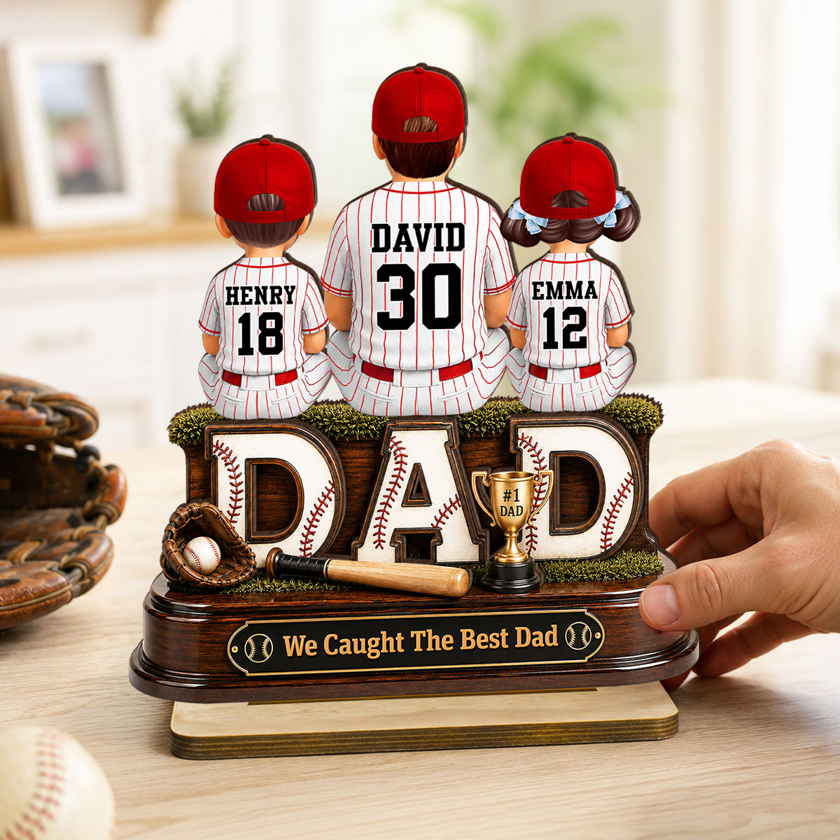 Baseball Dad and Children We Caught the Best Dad - Personalized 2-Layered Wooden Plaque - Gift for Dad, Husband