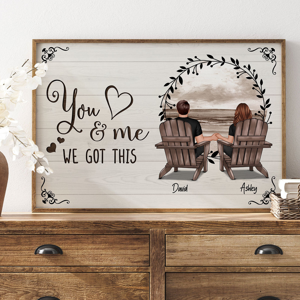 Retro Wreath Couple Beach Landscape Vintage Personalized Poster, Heartfelt 2025 Gift, Anniversary Gift For Couple, Husband, Wife, Dad, Mom