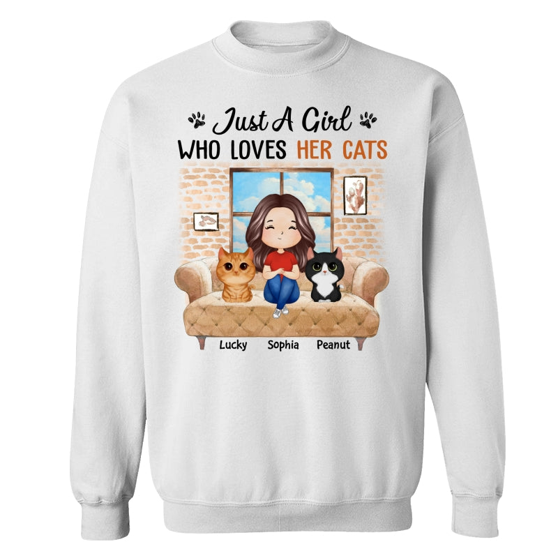 Just A Girl Who Loves Cats Watercolor Woman And Watercolor Cute Cats Sitting By The Window Personalized Shirt