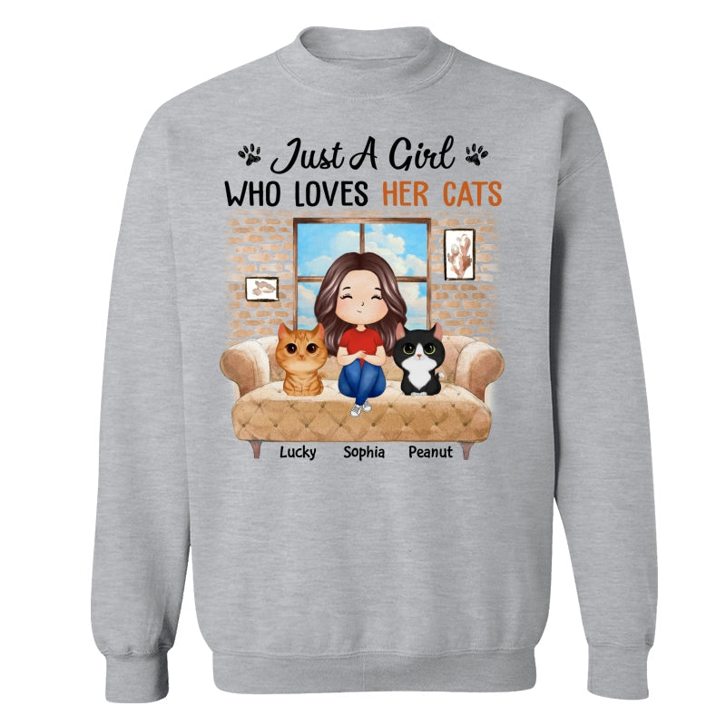Just A Girl Who Loves Cats Watercolor Woman And Watercolor Cute Cats Sitting By The Window Personalized Shirt