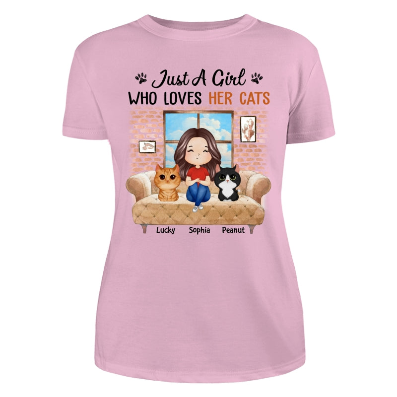 Just A Girl Who Loves Cats Watercolor Woman And Watercolor Cute Cats Sitting By The Window Personalized Shirt