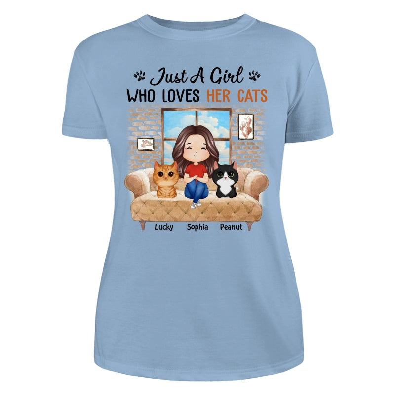 Just A Girl Who Loves Cats Watercolor Woman And Watercolor Cute Cats Sitting By The Window Personalized Shirt