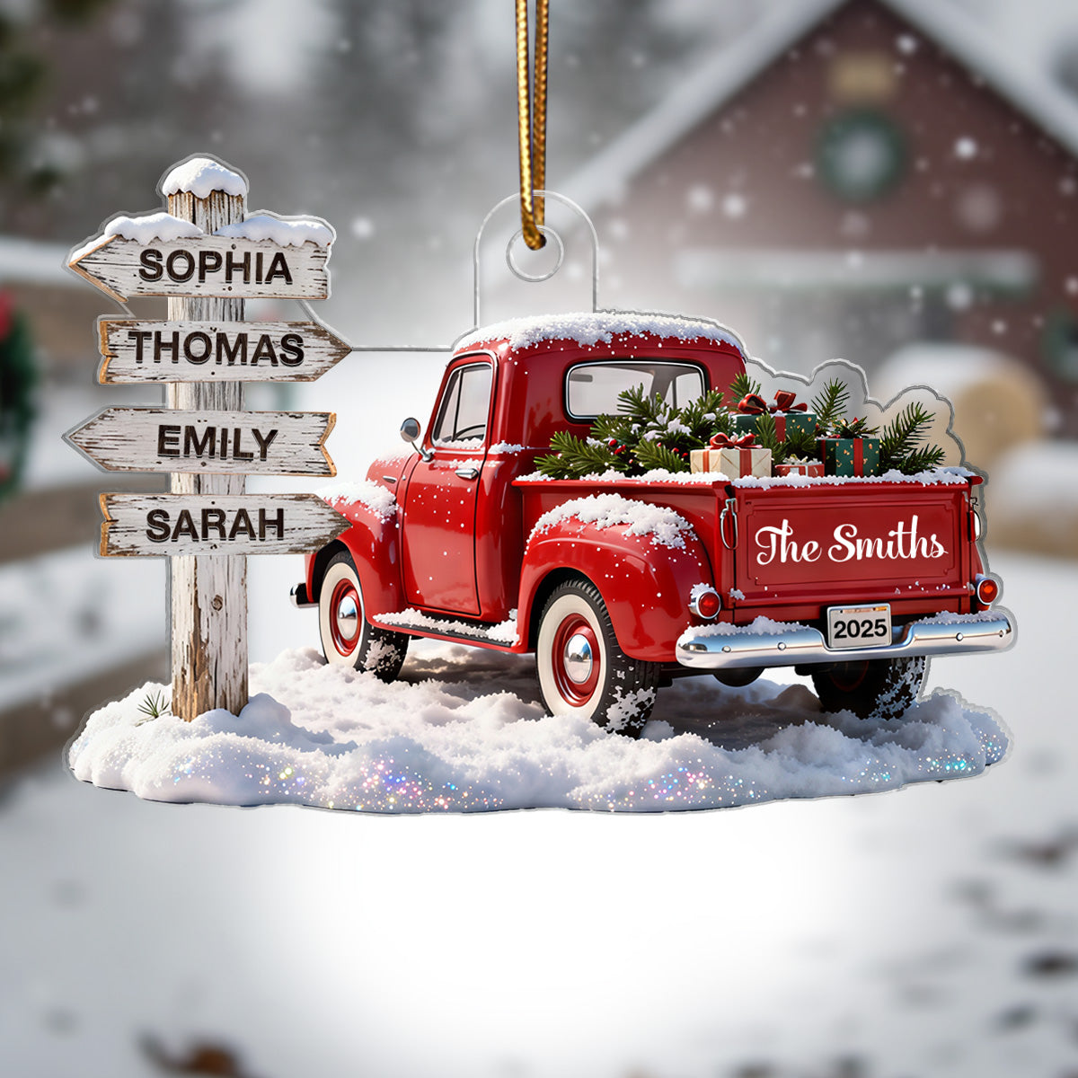 3D Effect Nostalgia Christmas Truck Family Sign Posts Custom Names - Personalized Acrylic Ornament - Gift For Family, Farmhouse Decor