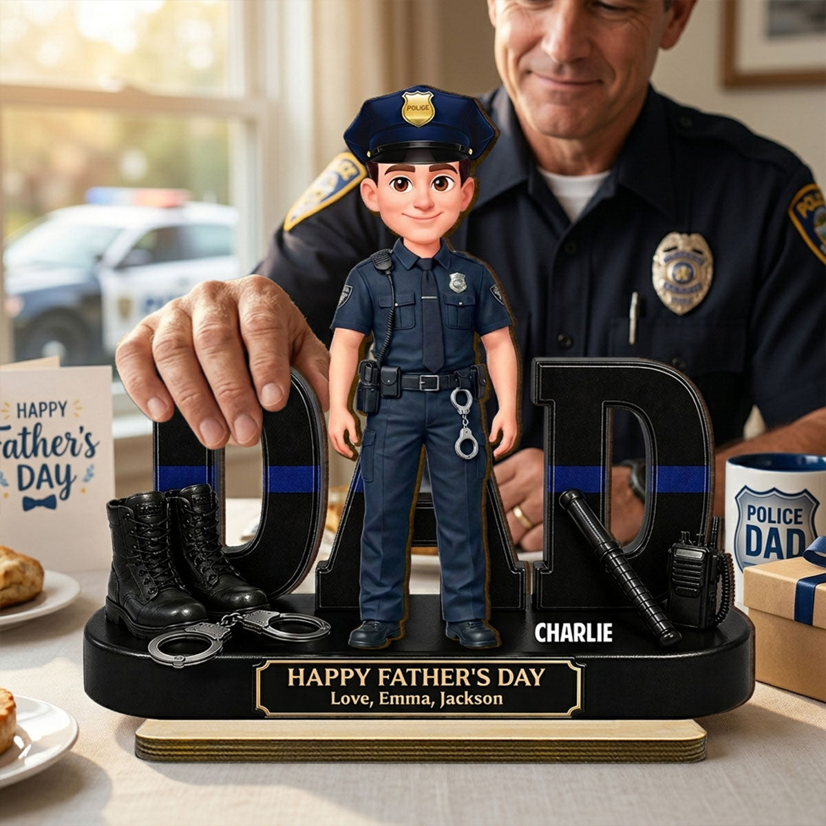 Proud American Police Officer Dad - Personalized 2-Layered Wooden Plaque - Gift For Dad