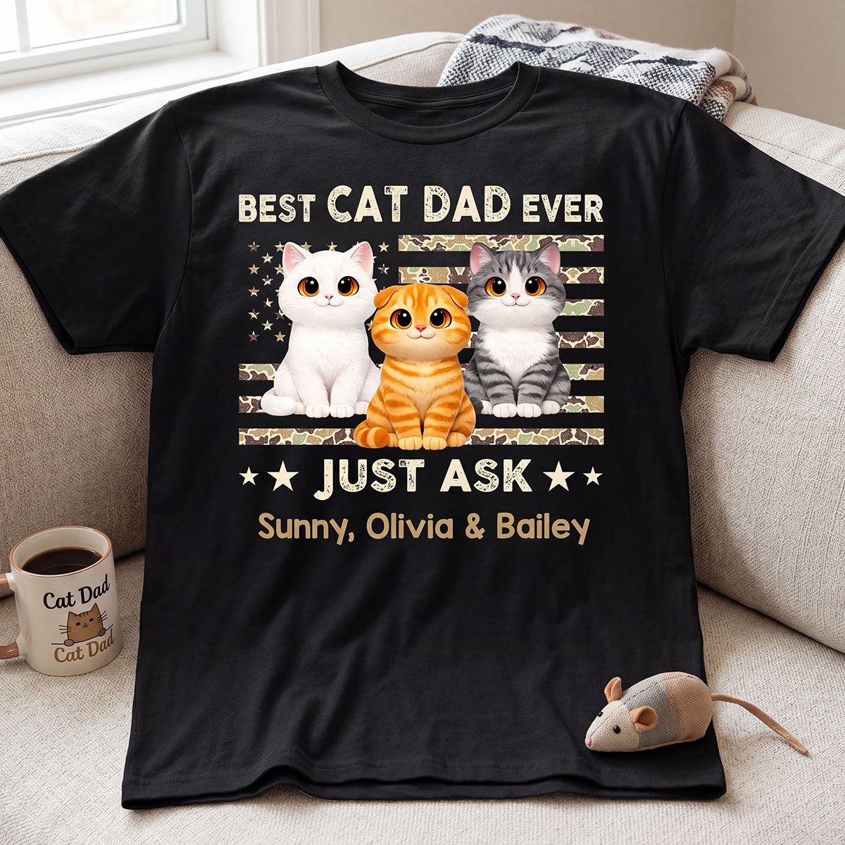 Best Cat Dad Ever Trendy Camouflage Pattern Nation Flag - Personalized Shirt - Father's Day Gift For Cat Dad, Cat Lovers