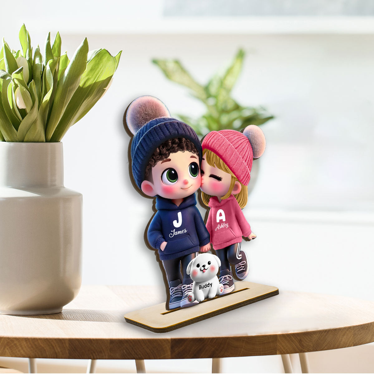 3D Effect Cute Cartoon Couple You Me And The Dog Cat Personalized Standing Wooden Plaque, Gift for Him, Gift for Her