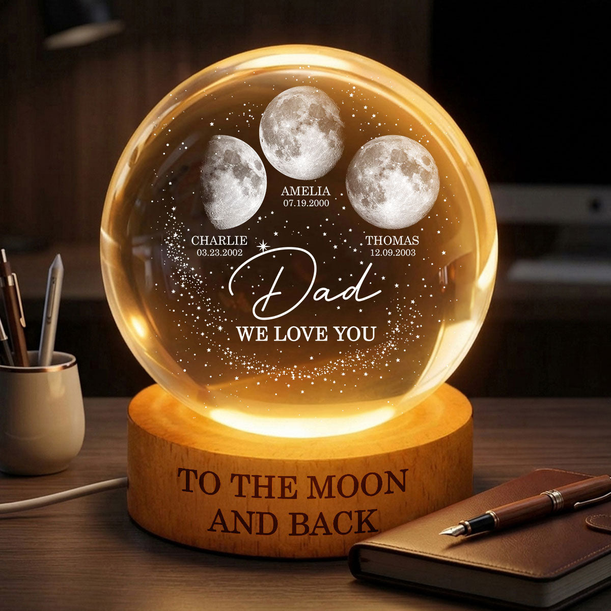 Love to the Moon and Back - Personalized Crystal Ball LED Night Light - Custom Moon Phase by Date, Gift for Dad, Husband