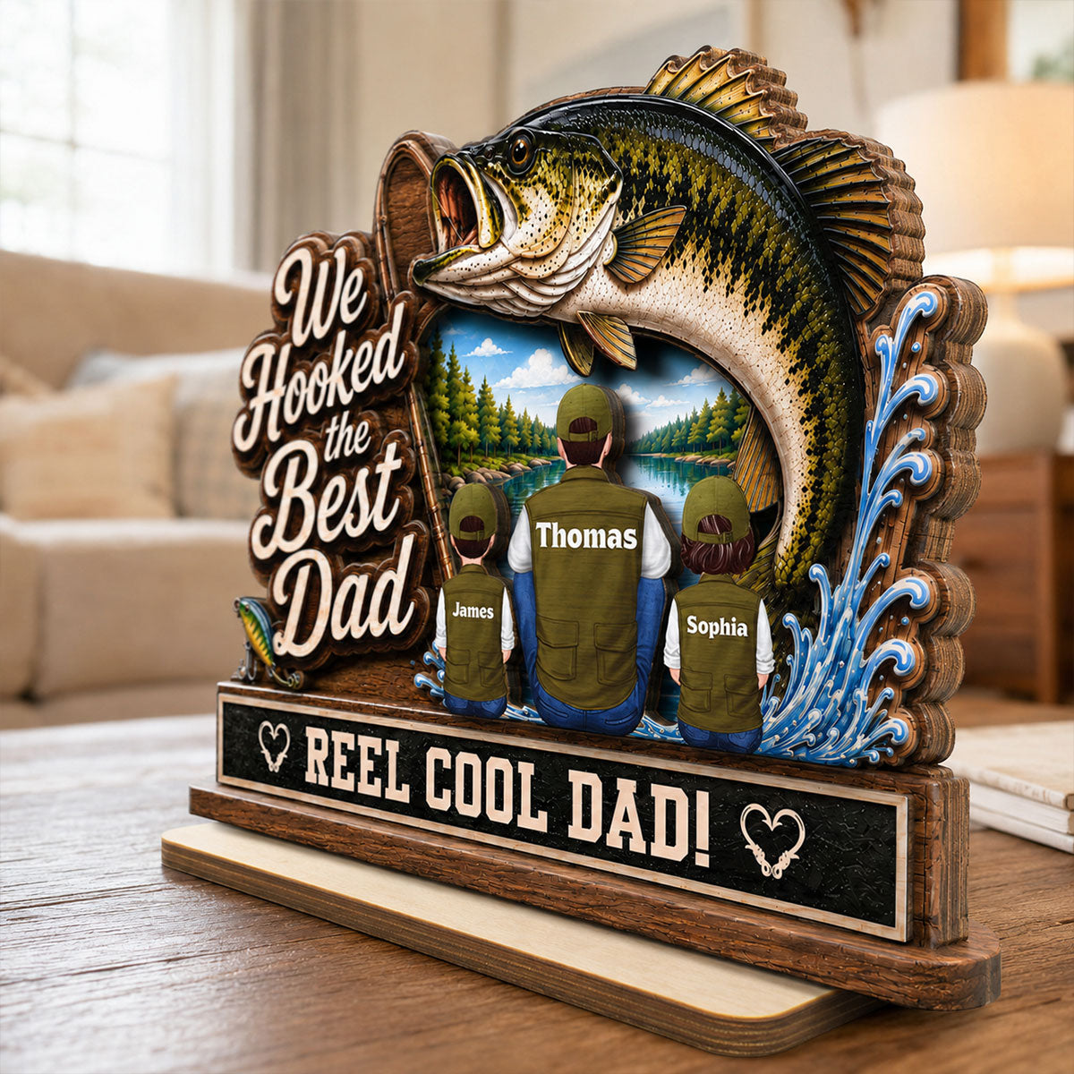 We Hooked The Best Dad Grandpa Back View 2D Flat - Personalized 2-Layered Wooden Plaque - Gift For Fishing Lovers