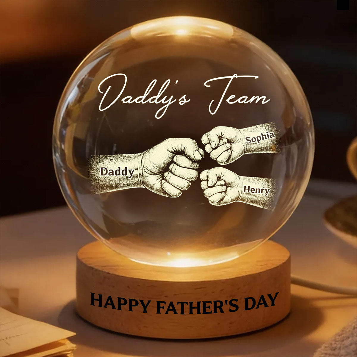 Daddy's Team Fist Bump - Personalized Crystal Ball LED Night Light - Gift For Dad, Husband