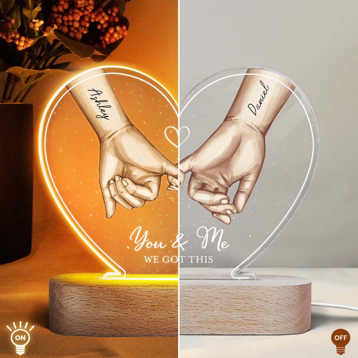 Personalized Couple Hands Pinky Promise Acrylic Heart LED Night Light, gift, Anniversary Gift for Couples
