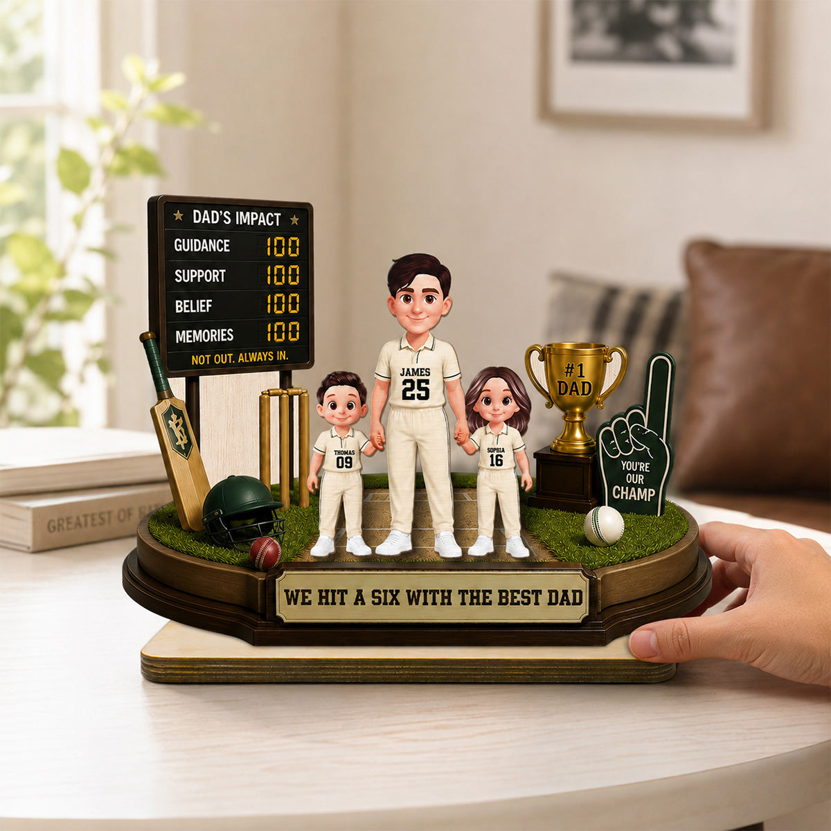Hit A Six With The Best Dad Cricket Dad & Kids - Personalised 2-Layered Wooden Plaque - Gift For Husband, Dad