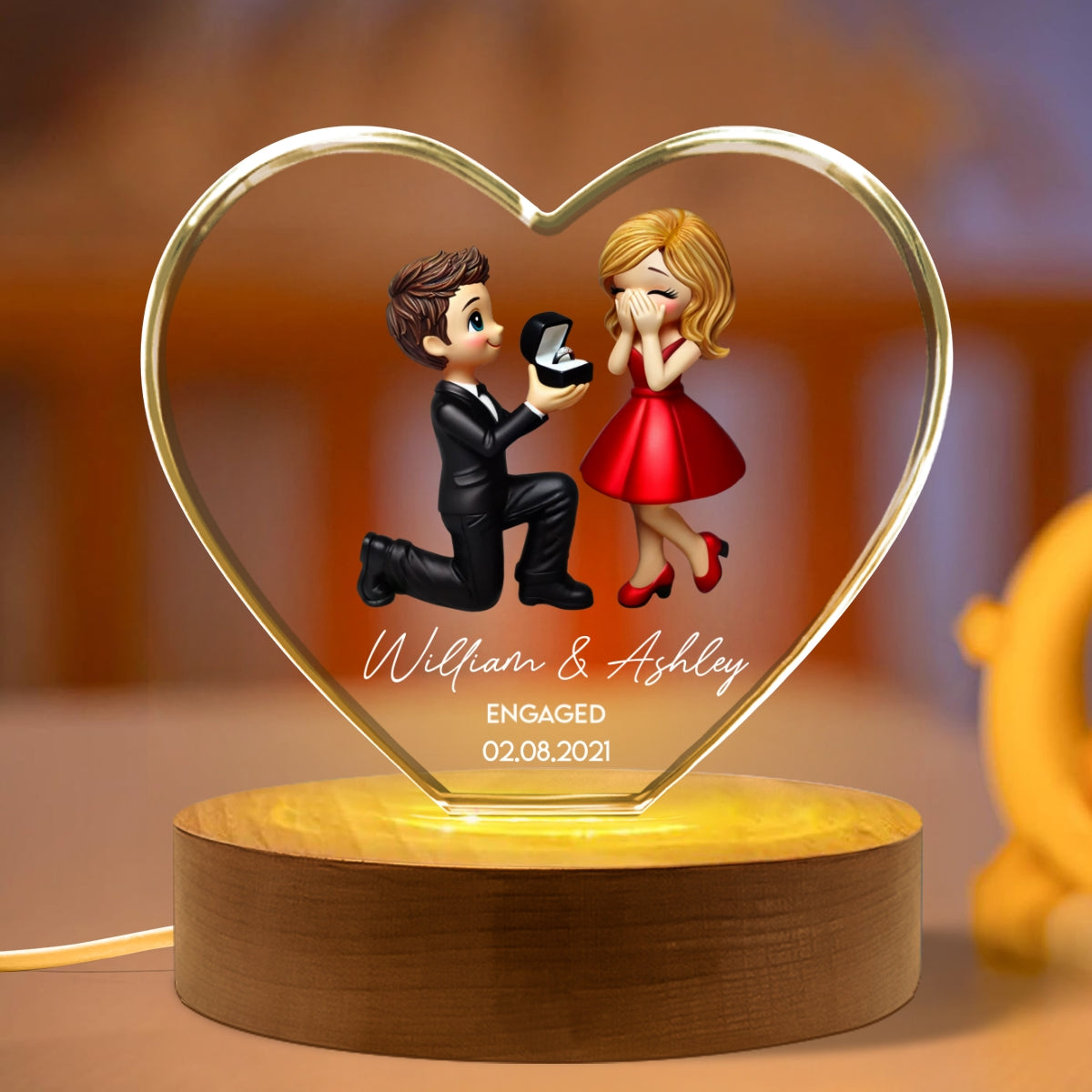 Marriage Proposal 3D Effect Personalized Crystal Heart LED, Engagement Gift for her, Free Delivery