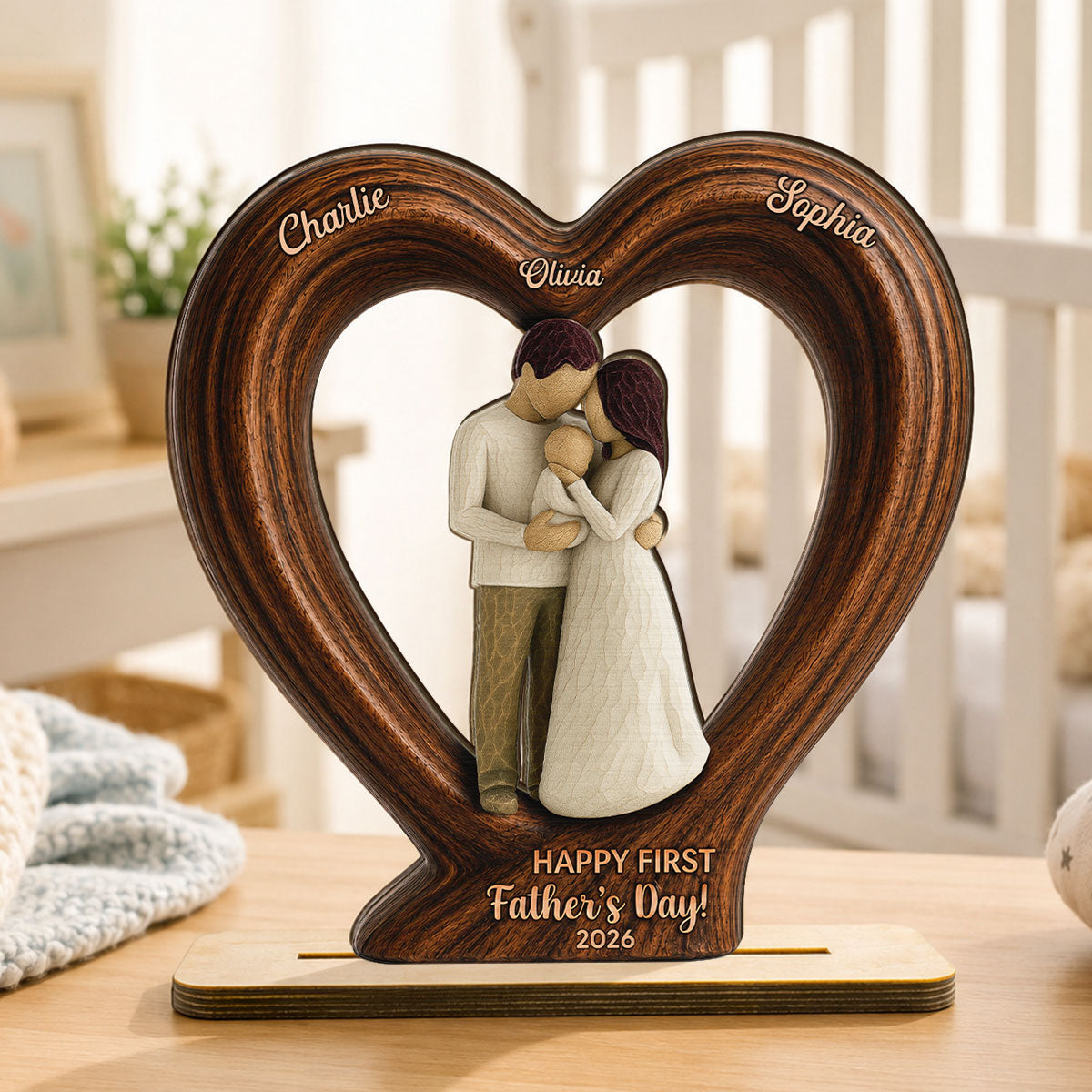 Happy First Dad From Mom And Baby 2D Flat Heart - Personalized 2-Layered Wooden Plaque - Heartfelt Gift For Husband, New Dad