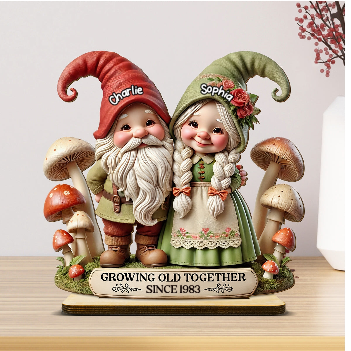 3D Effect Whimsical Gnome Couple Personalized Standing Wooden Plaque, Heartfelt Gift For Couple, For Him, For Her, Husband, Wife