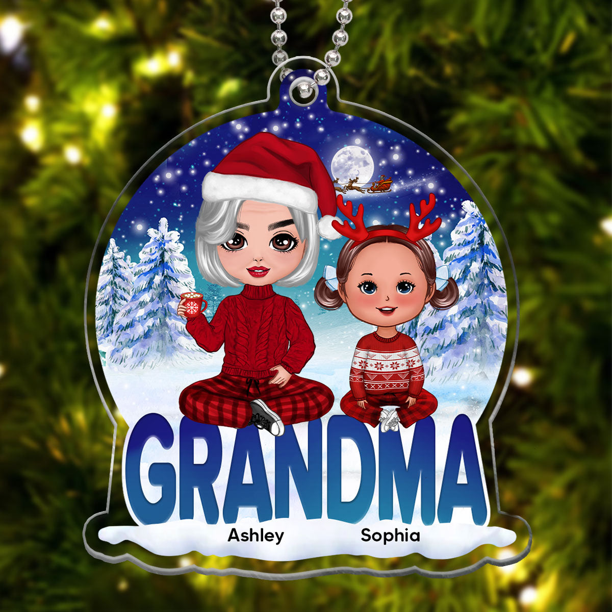 Grandma Grandkids Sitting Snowball Christmas Personalized Acrylic Ornament