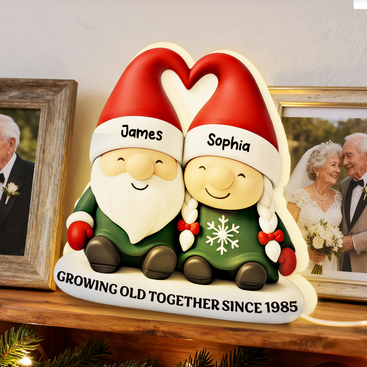 Christmas Gnome Couple Growing Old Together - Personalized Light Box - Gift For Couple