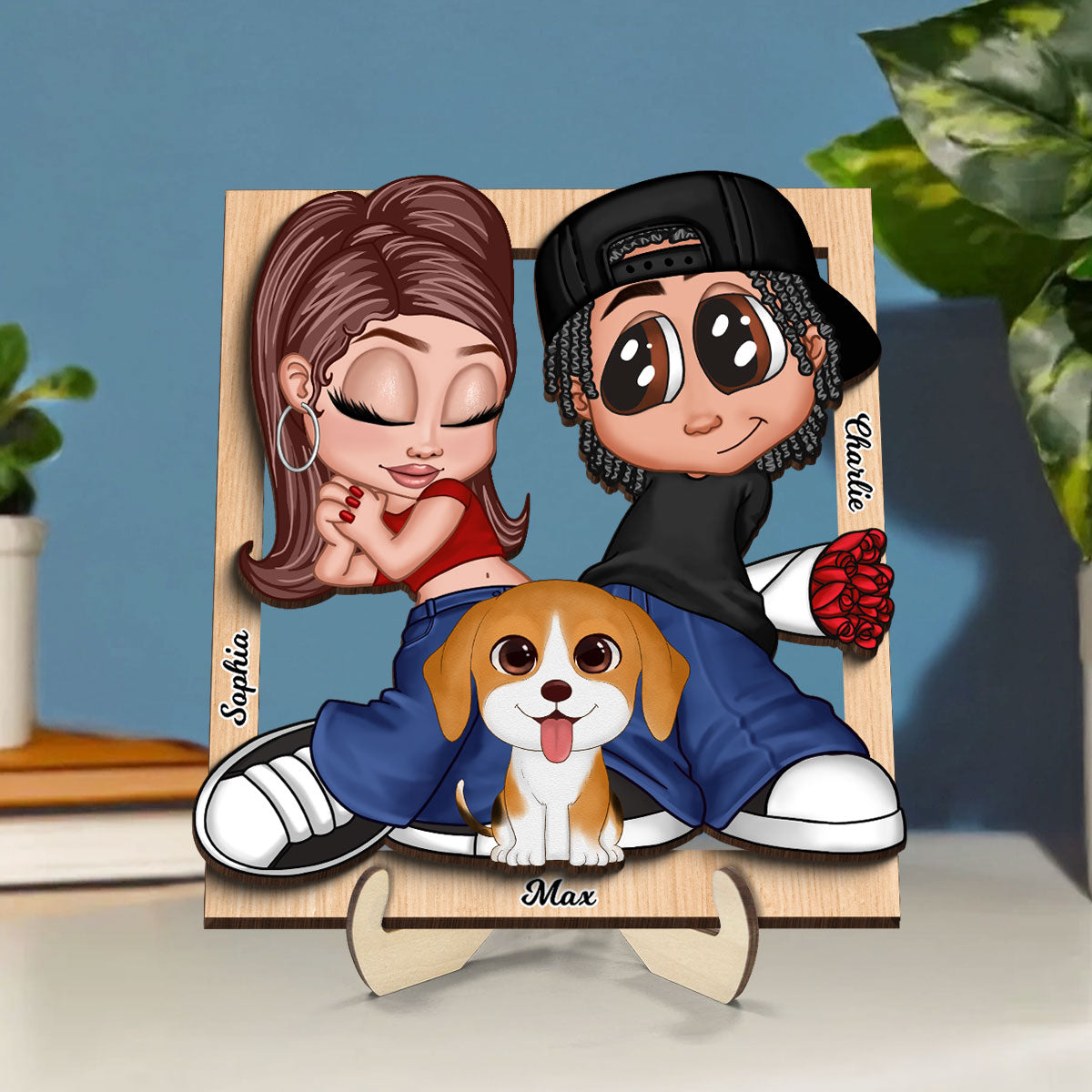 Y2K Couple Dogs Cats Frame Personalized 2-layer Wooden Plaque, Gift for Him, Gift for Her