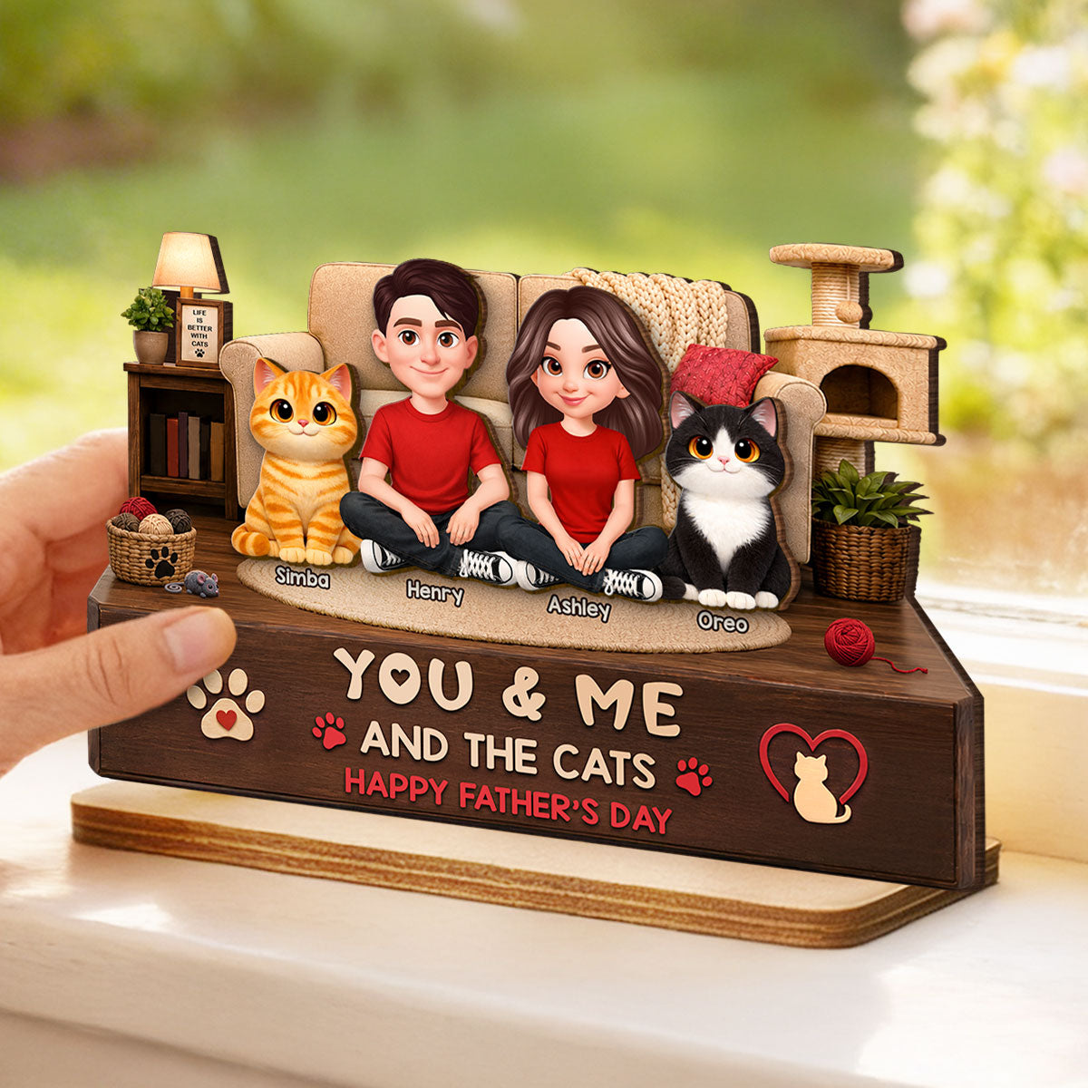 You & Me And The Cats Cozy Room 2D Flat - Personalized 2-Layered Wooden Plaque - Gift For Cat Dad