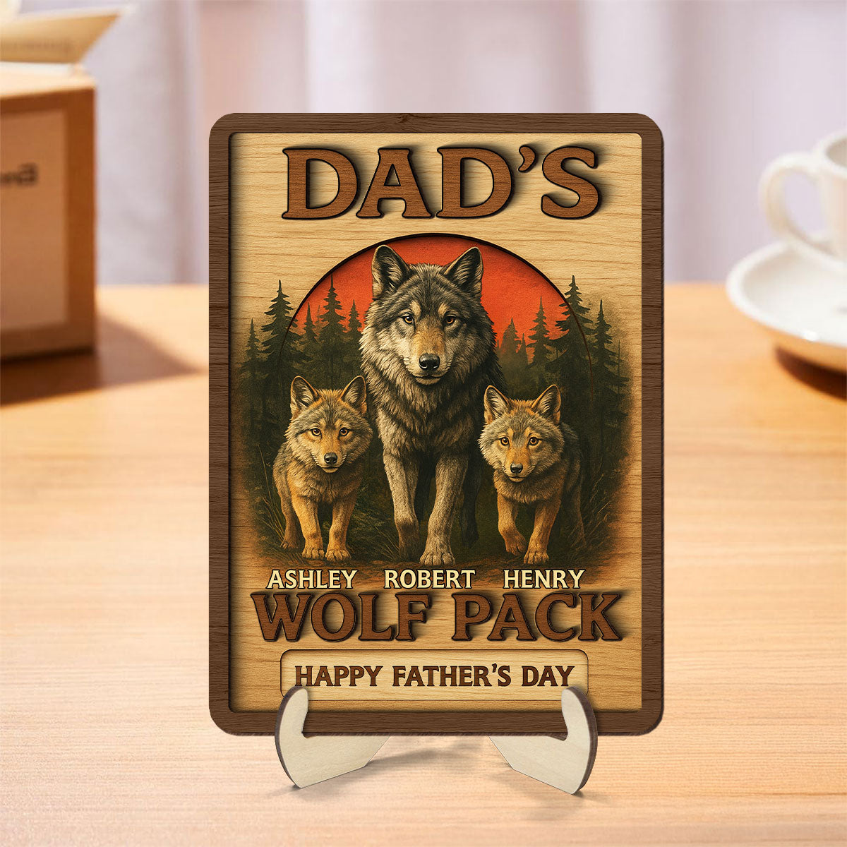 Dad's Wolf Pack Personalized 2-Layered Wooden Plaque, Gift for Dad