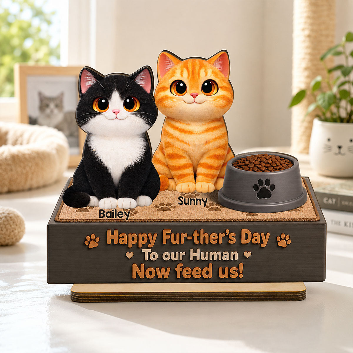 Cute Fluffy Cats Happy Fur-ther's Day Human - Personalized 2-Layered Wooden Plaque - Funny Gift For Cat Dad, Cat Lovers