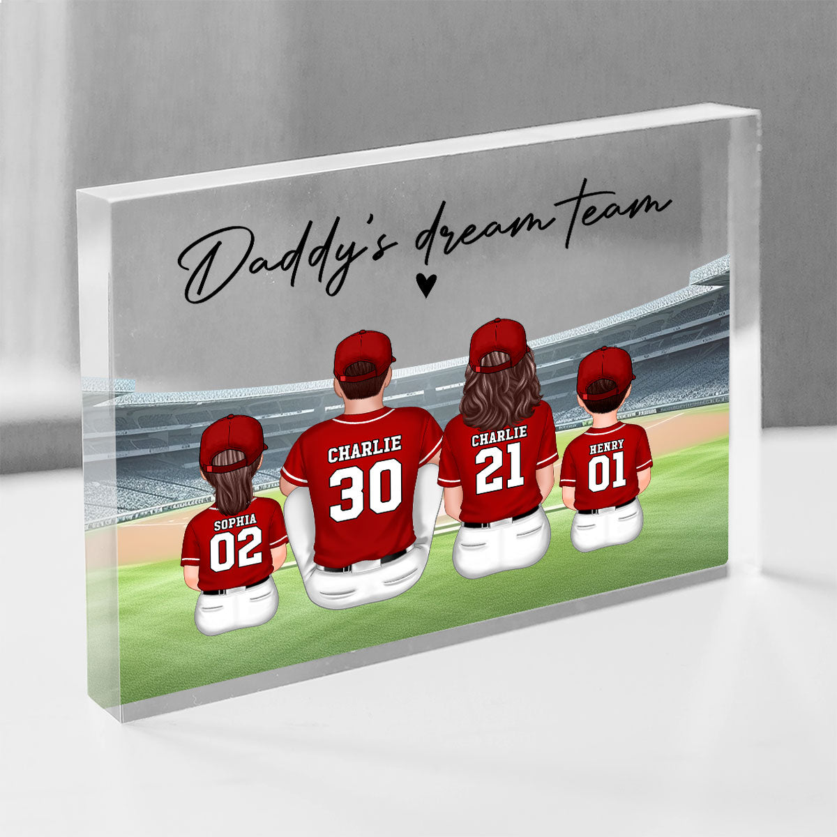 Daddy's Team Baseball Family Sitting Personalized Acrylic Block, Unique Gift for Dad, Gift for Husband