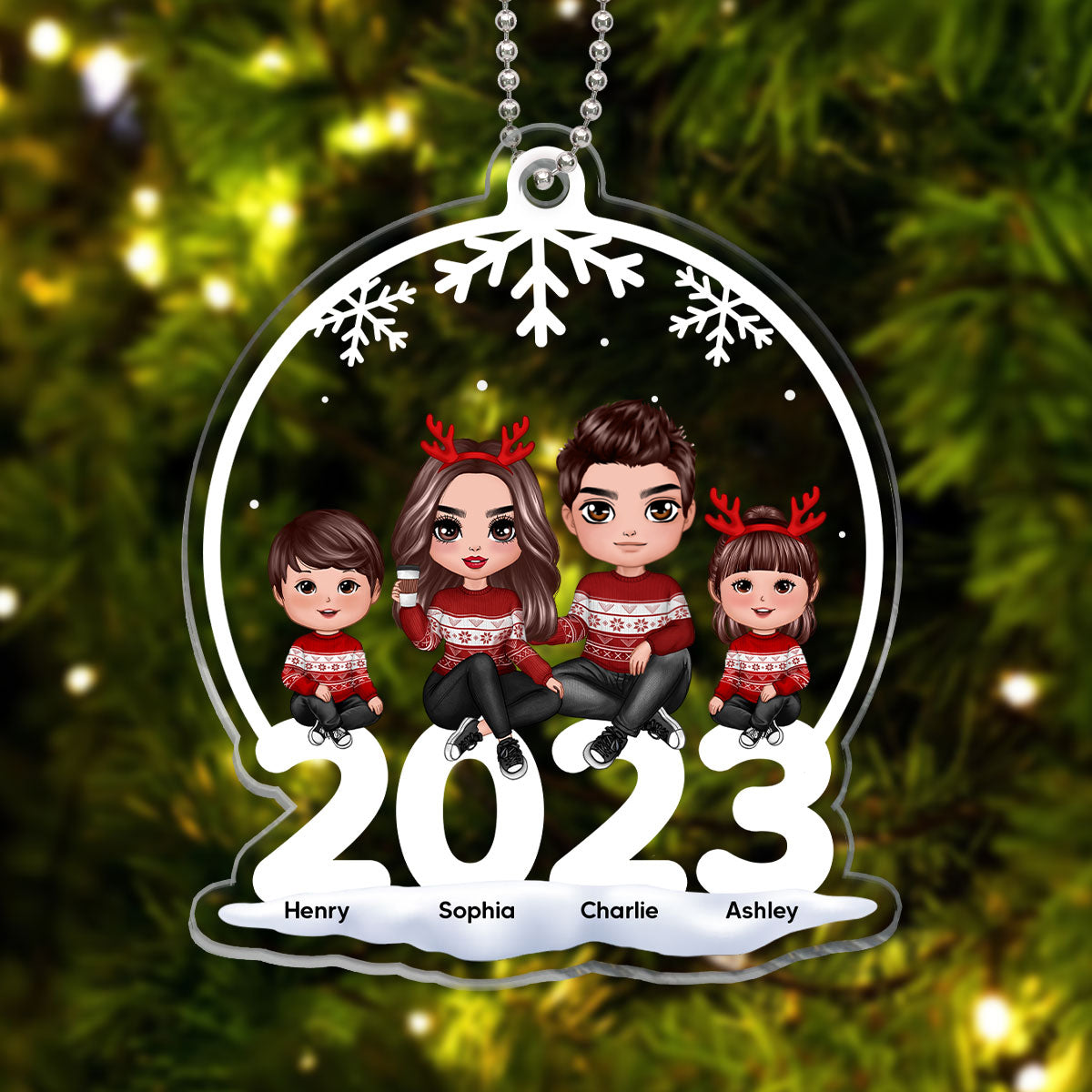 Doll Family Sitting On 2023 Snow Globe Shaped Personalized Acrylic Ornament