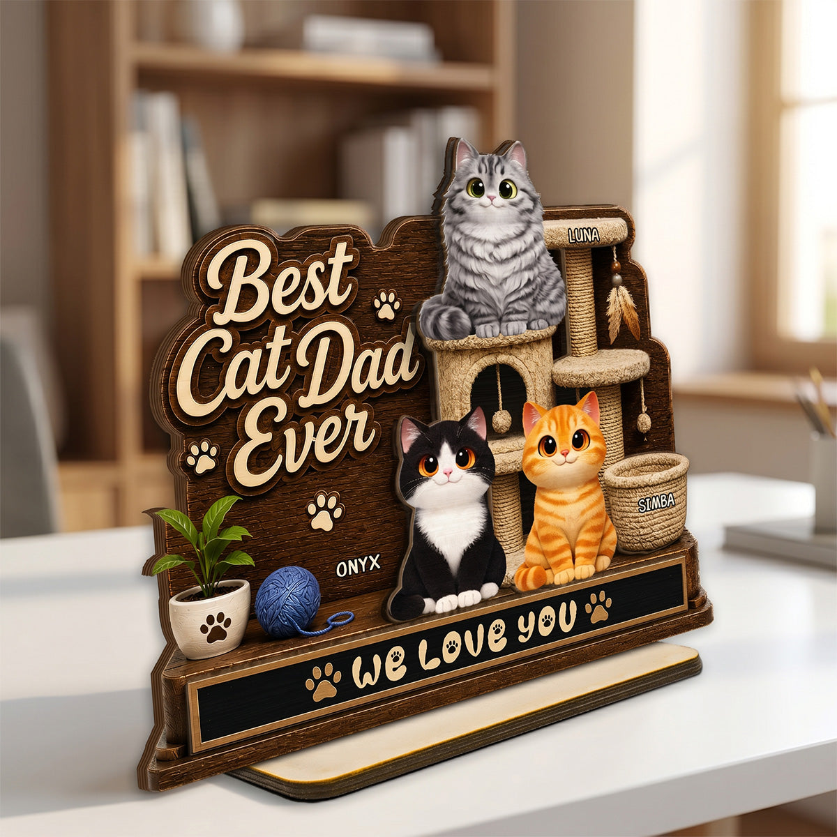 Best Cat Dad Ever Cute Cats On Cat Tree 2D Flat - Personalized 2-Layered Wooden Plaque - Gift For Cat Dad