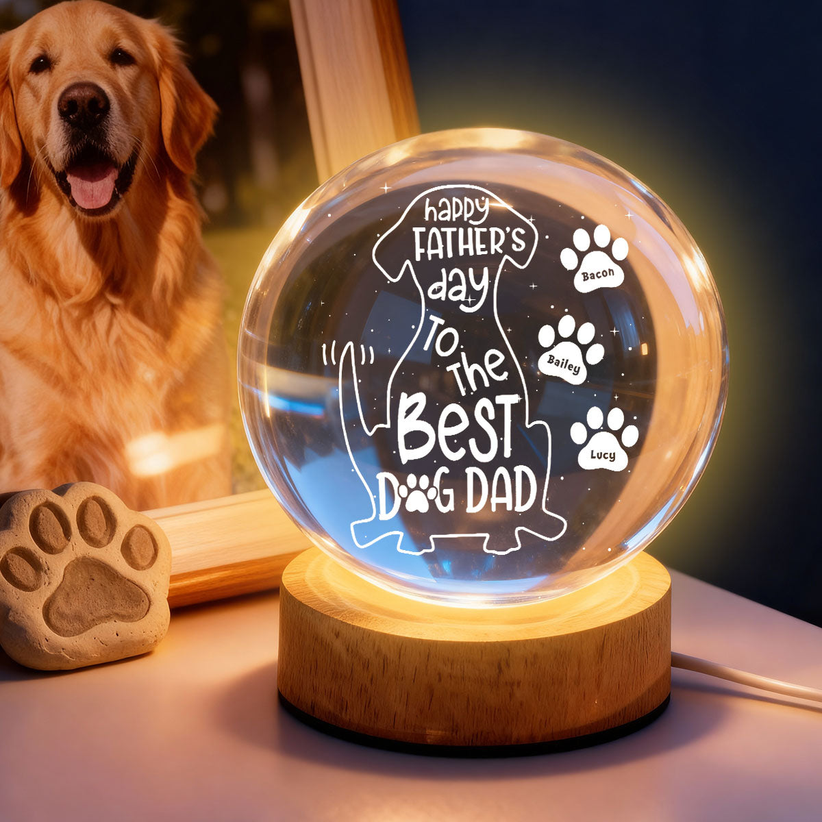 Happy Dog Dad - Personalized Crystal Ball LED Night Light - Heartfelt Gift for Husband
