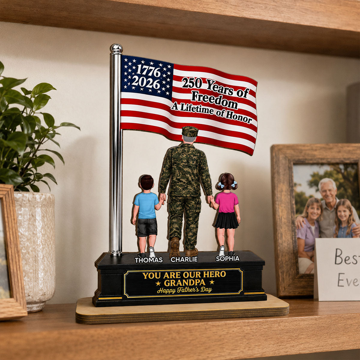 Proud American Military Veteran Grandpa Dad America 250th Anniversary - Personalized 2-Layered Wooden Plaque - Gift For Dad, Grandpa Husband