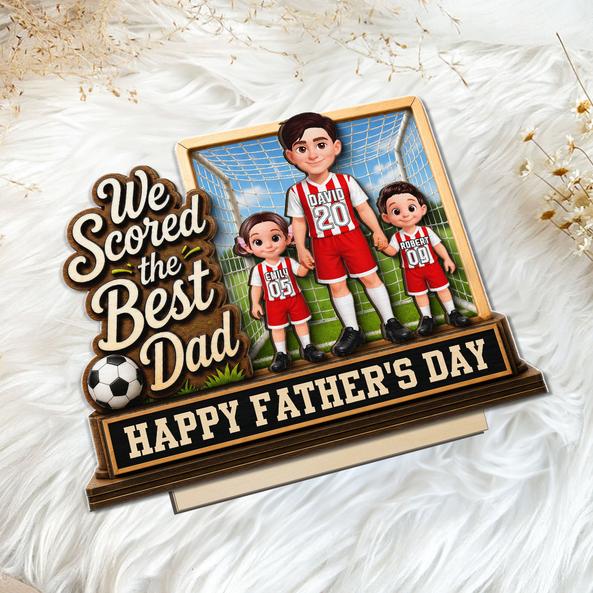 We Scored The Best Dad Dad & Kids In Goal 2D Flat - Personalized 2-Layered Wooden Plaque - Gift For Soccer Dad, UK Football Dad