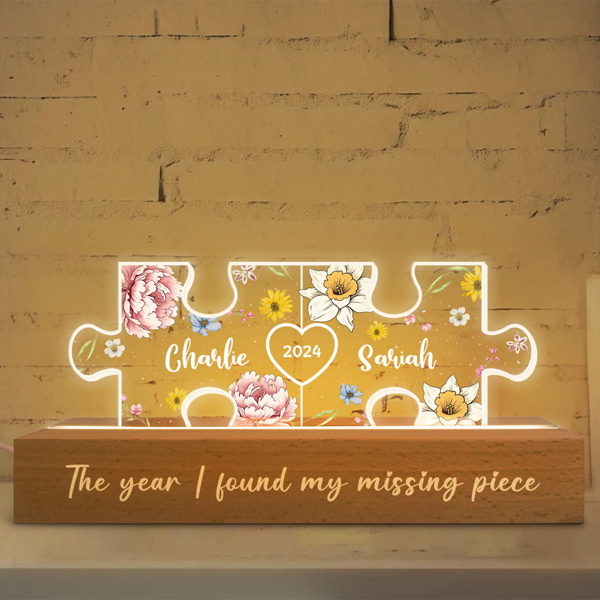Birth Month Flower Love Is The Piece That Holds Us Together Couple Name Puzzle LED Night Light, Personalized Romantic Home Bedroom Decor For Couples, Gifts For Her, For Him
