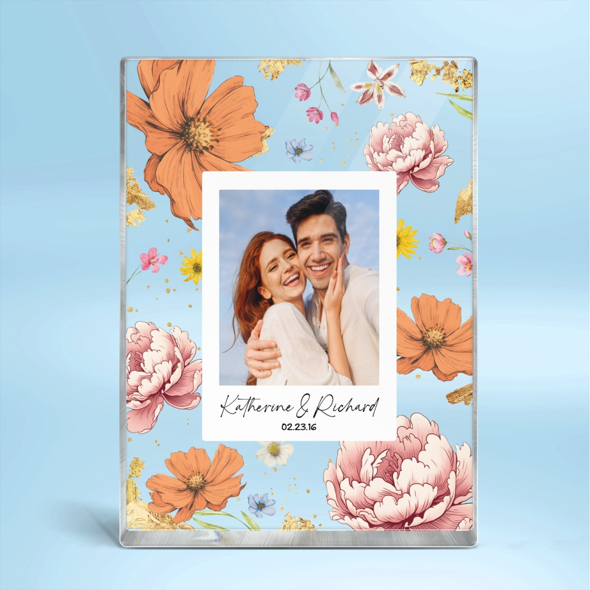 Couple Upload Photo Birth Month Flowers Personalized Acrylic Block Plaque, Anniversary Gift, Gift