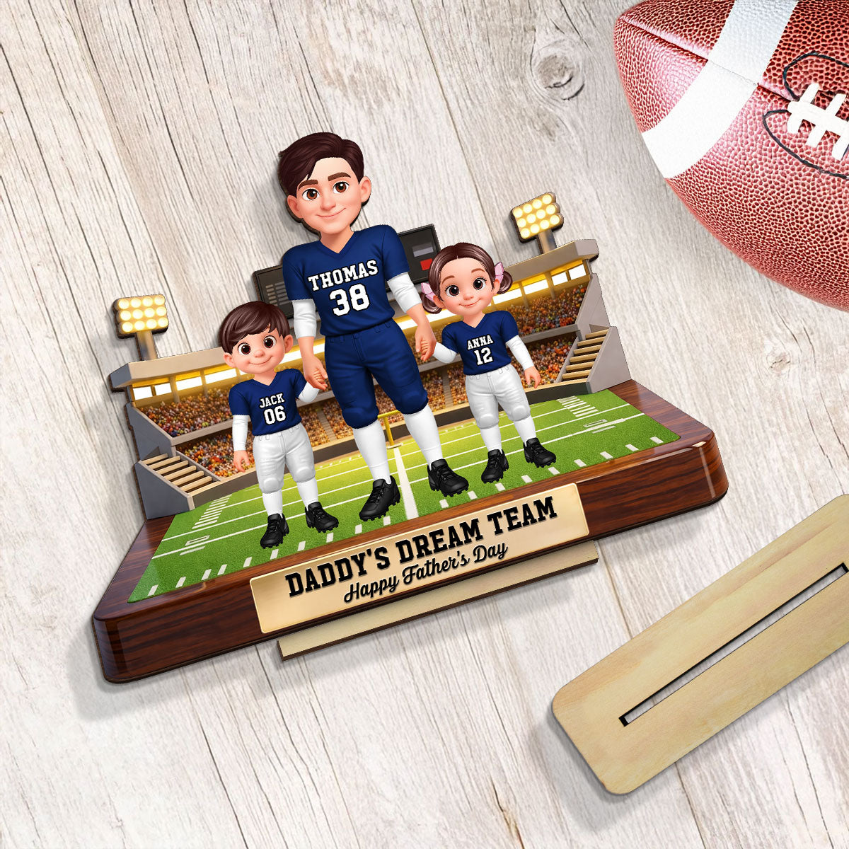 American Football Dad And Kids - Personalized 2-Layered Wooden Plaque - Gift For Dad