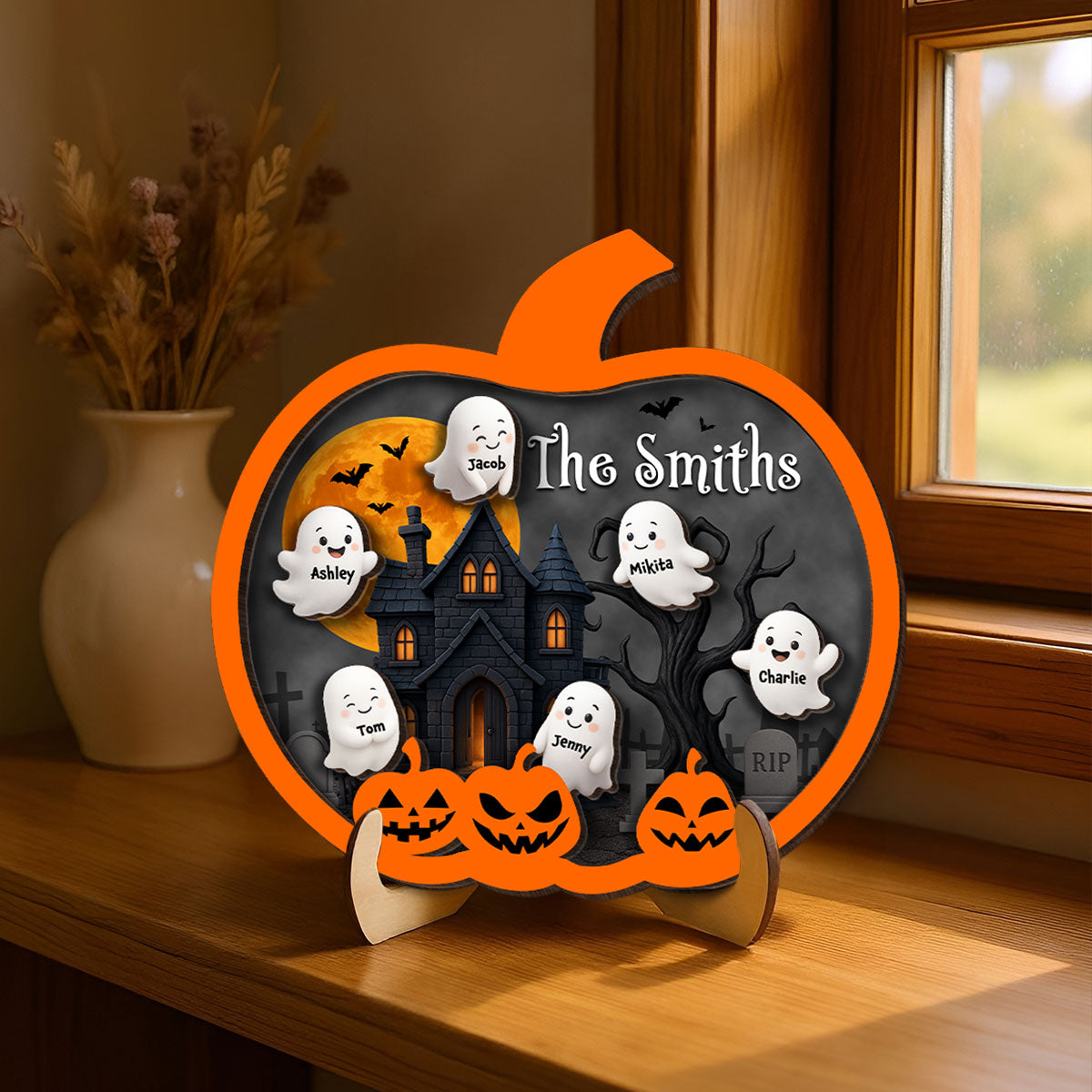 3D Effect Ghost Friends, Ghost Family Inside Pumpkin Personalized 2-Layer Wooden Plaque, Halloween Decoration