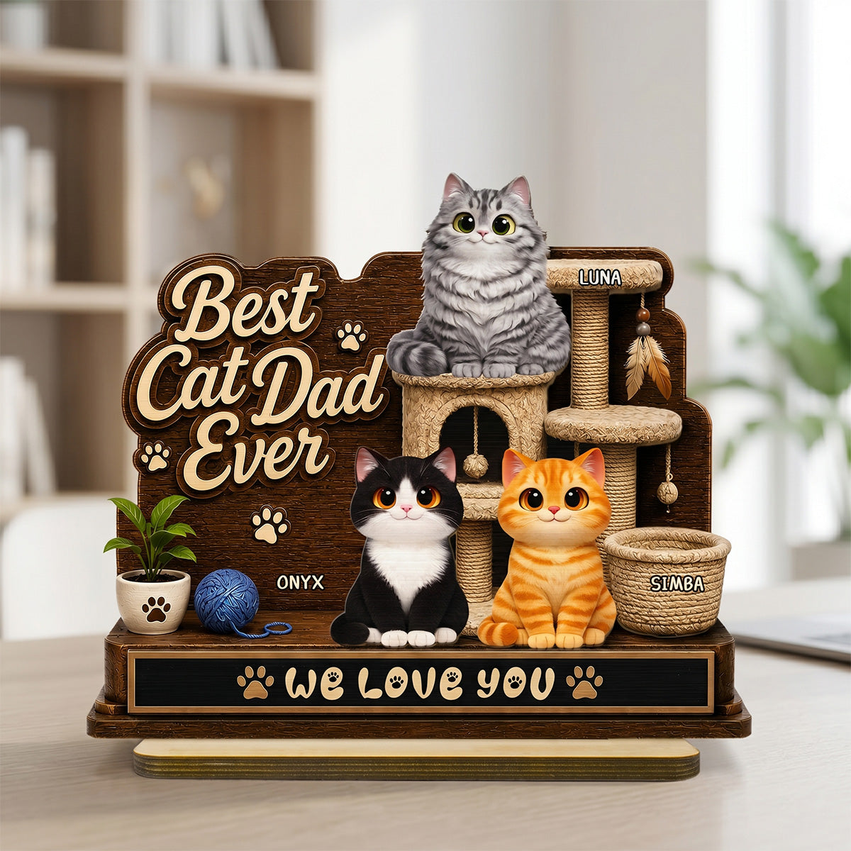 Best Cat Dad Ever Cute Cats On Cat Tree 2D Flat - Personalized 2-Layered Wooden Plaque - Gift For Cat Dad